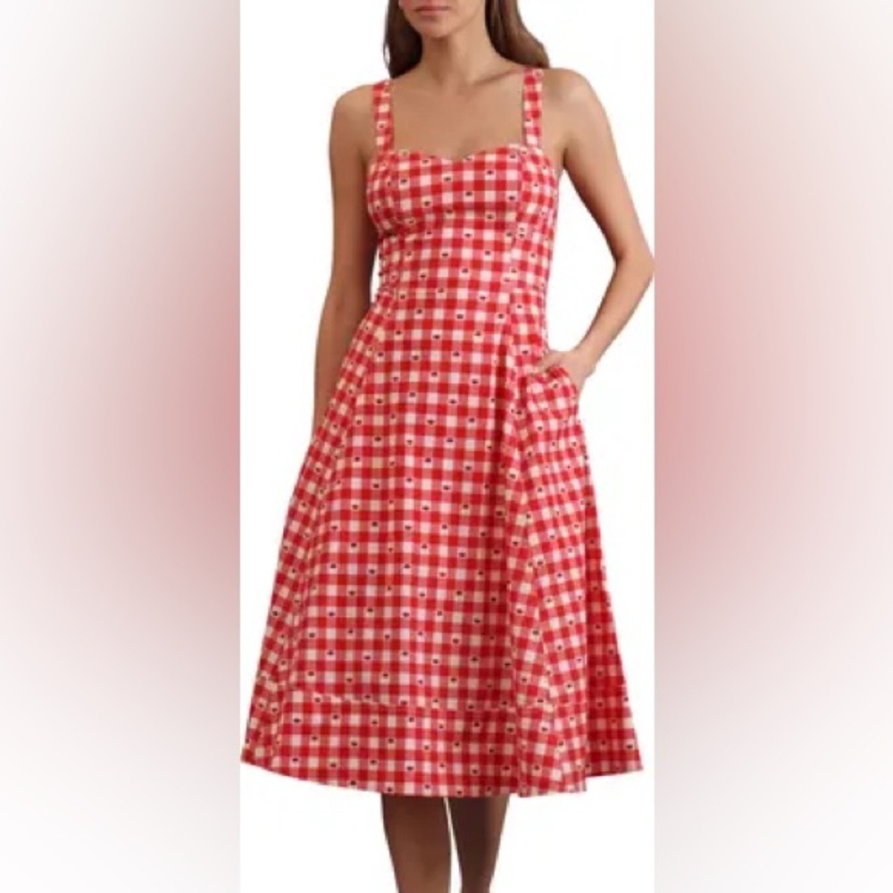 Avec Les Filles Red Gingham Cherry Print Midi Dress Size 6 Sweetheart Rockabilly